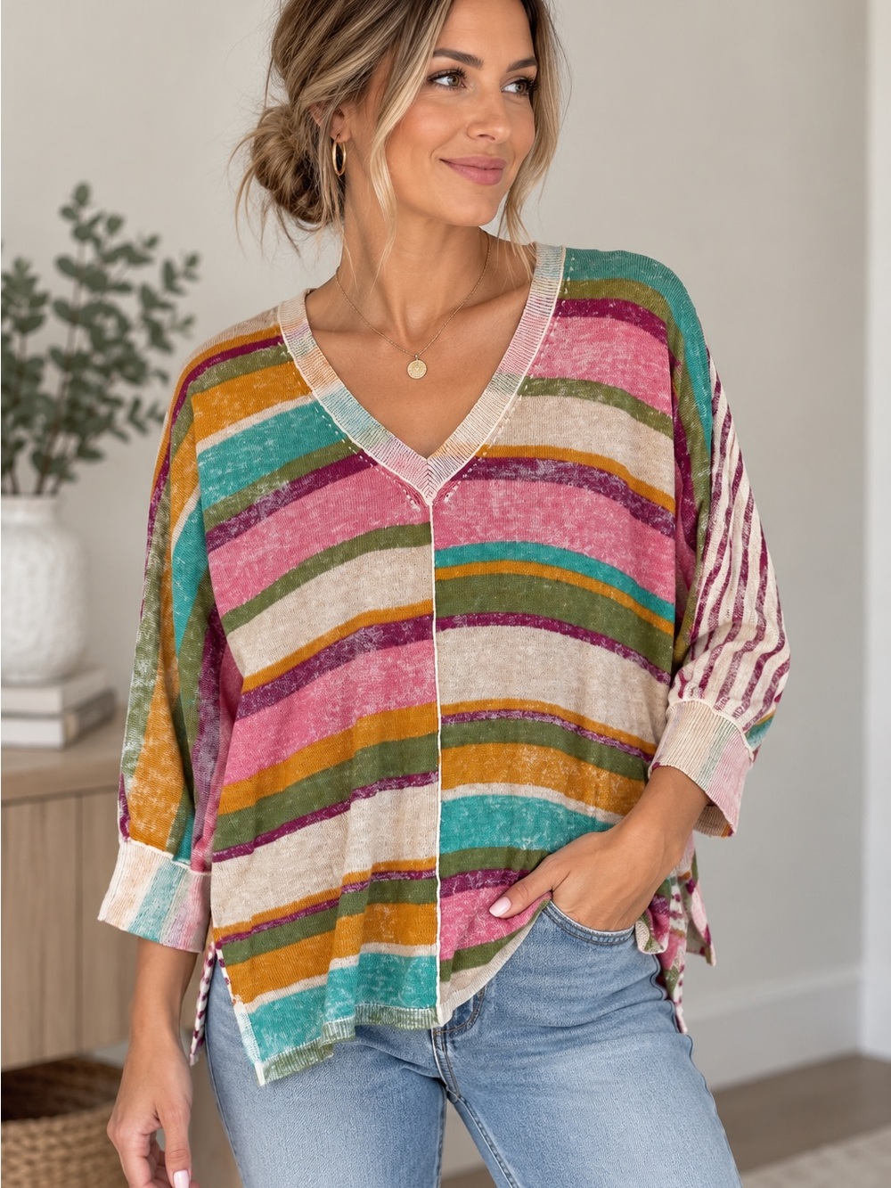 Sundance Multicolor Striped V-Neck Sweater Tunic Size XL 100% Cotton